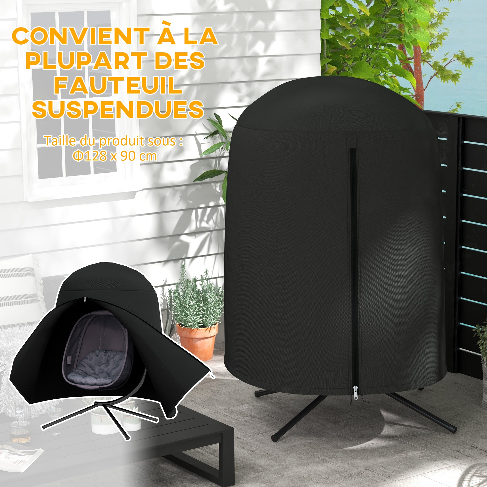 Garden Hanging Chair Cover, Waterproof Cover with Zipper, Oxford Fabric - Ø128 x 190H cm, Black