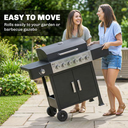 17.8 kW (≈60,700 BTU) 6+1-Burner Stainless Steel Gas Grill Cart with Side Burner, Thermometer, Enamel Grates, Warming Rack, Side Table & Cabinet — Ideal for Balcony & BBQ Parties