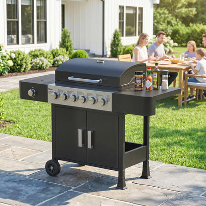17.8 kW (≈60,700 BTU) 6+1-Burner Stainless Steel Gas Grill Cart with Side Burner, Thermometer, Enamel Grates, Warming Rack, Side Table & Cabinet — Ideal for Balcony & BBQ Parties