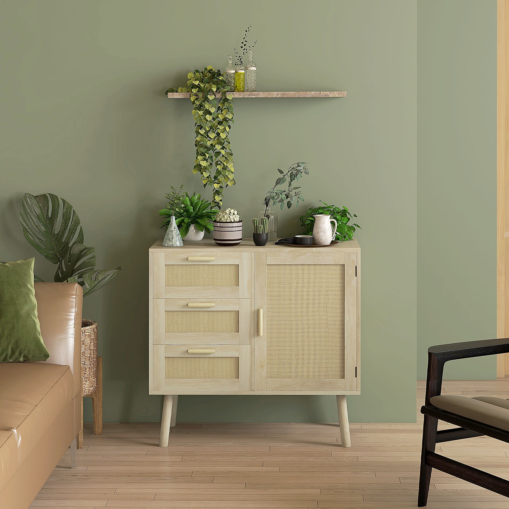 Versatile Boho Style Cabinet with Door and 3 Drawers in Wood and Rattan for Living Room and Entryway, 80x36x75cm, Oak