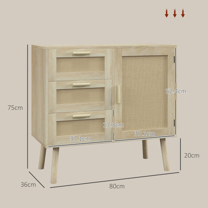 Versatile Boho Style Cabinet with Door and 3 Drawers in Wood and Rattan for Living Room and Entryway, 80x36x75cm, Oak