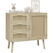 Versatile Boho Style Cabinet with Door and 3 Drawers in Wood and Rattan for Living Room and Entryway, 80x36x75cm, Oak