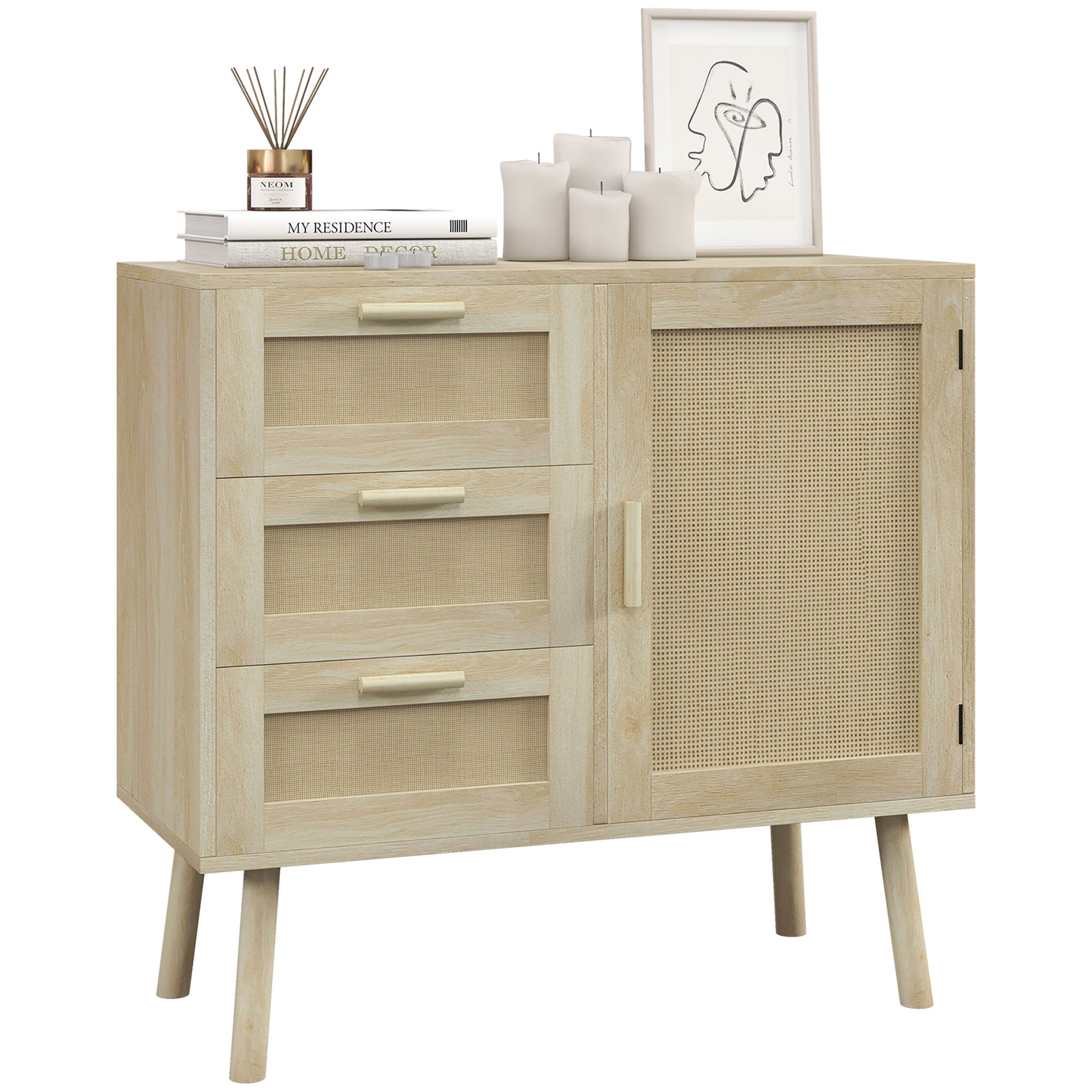 Versatile Boho Style Cabinet with Door and 3 Drawers in Wood and Rattan for Living Room and Entryway, 80x36x75cm, Oak