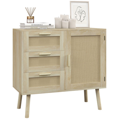 Versatile Boho Style Cabinet with Door and 3 Drawers in Wood and Rattan for Living Room and Entryway, 80x36x75cm, Oak