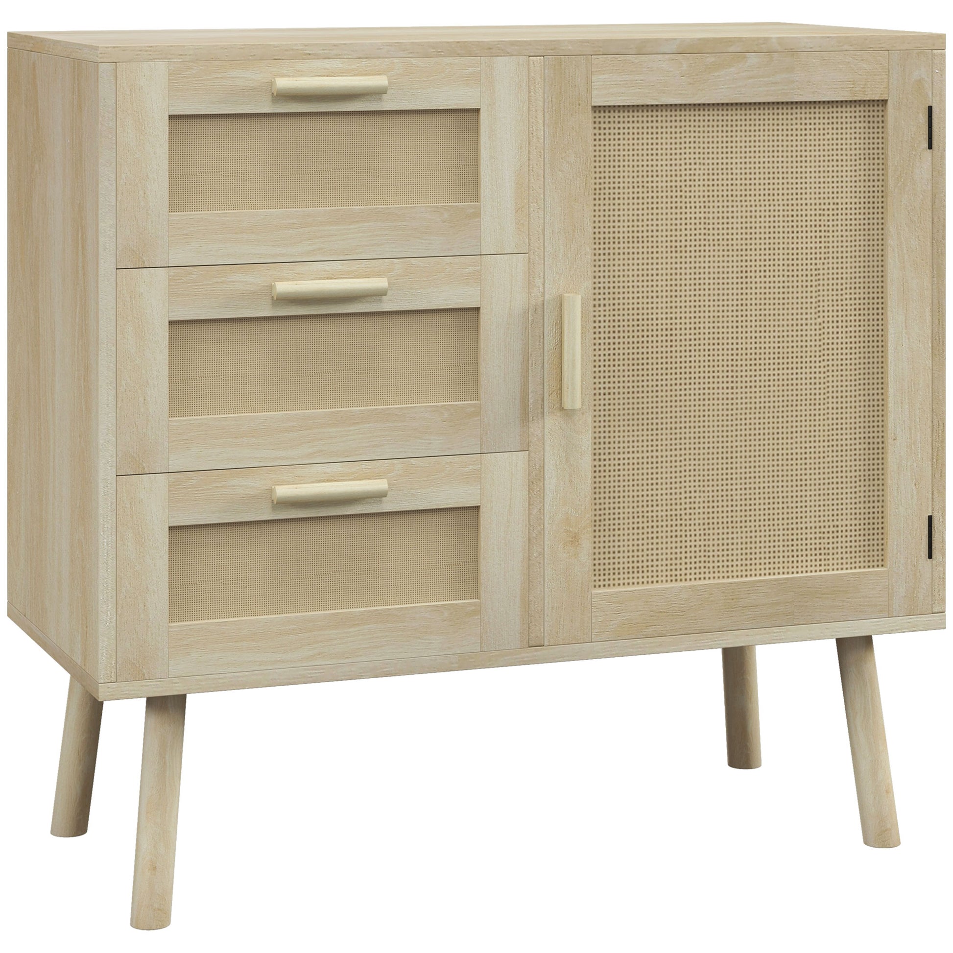 Versatile Boho Style Cabinet with Door and 3 Drawers in Wood and Rattan for Living Room and Entryway, 80x36x75cm, Oak
