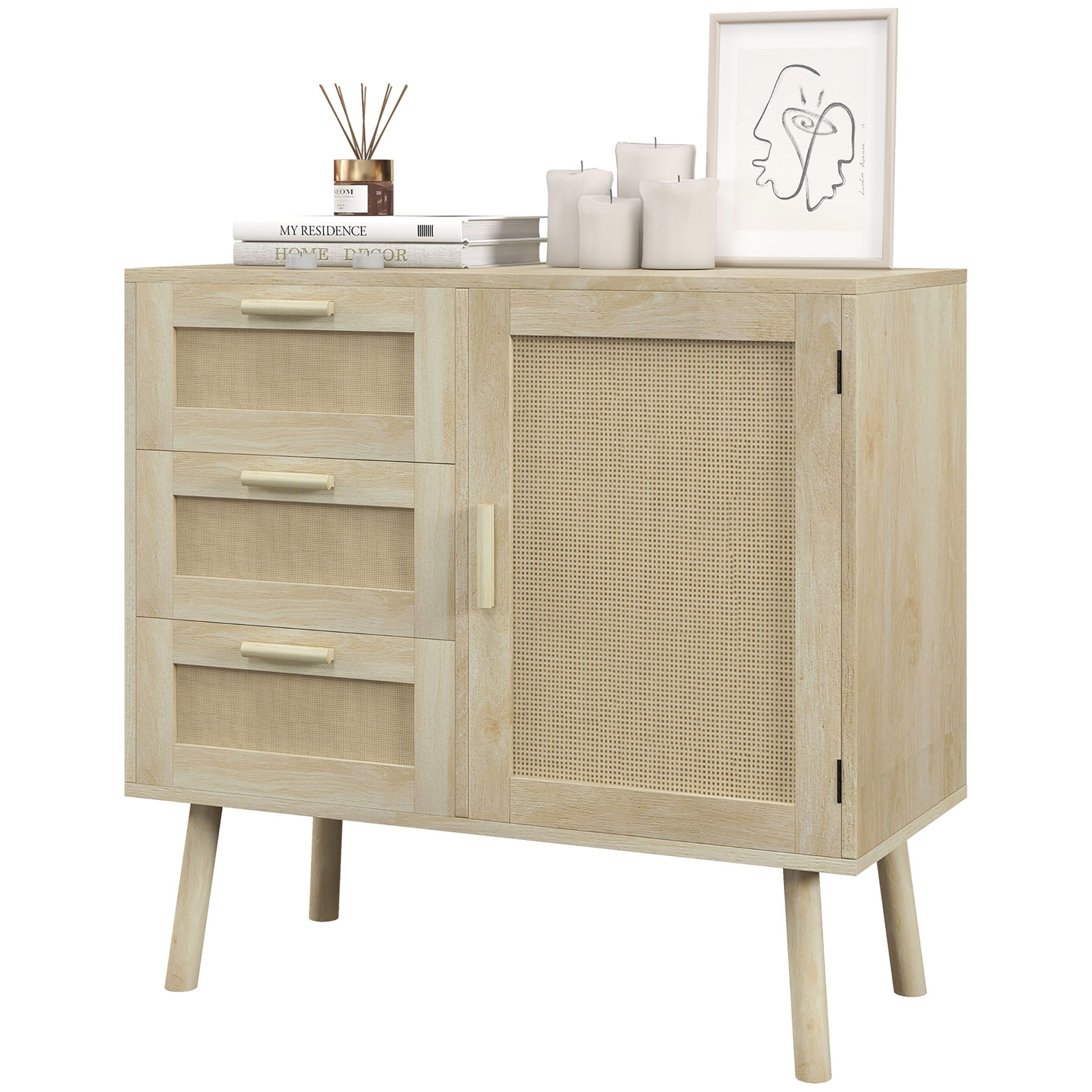 Versatile Boho Style Cabinet with Door and 3 Drawers in Wood and Rattan for Living Room and Entryway, 80x36x75cm, Oak