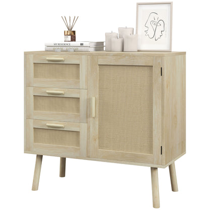 Versatile Boho Style Cabinet with Door and 3 Drawers in Wood and Rattan for Living Room and Entryway, 80x36x75cm, Oak