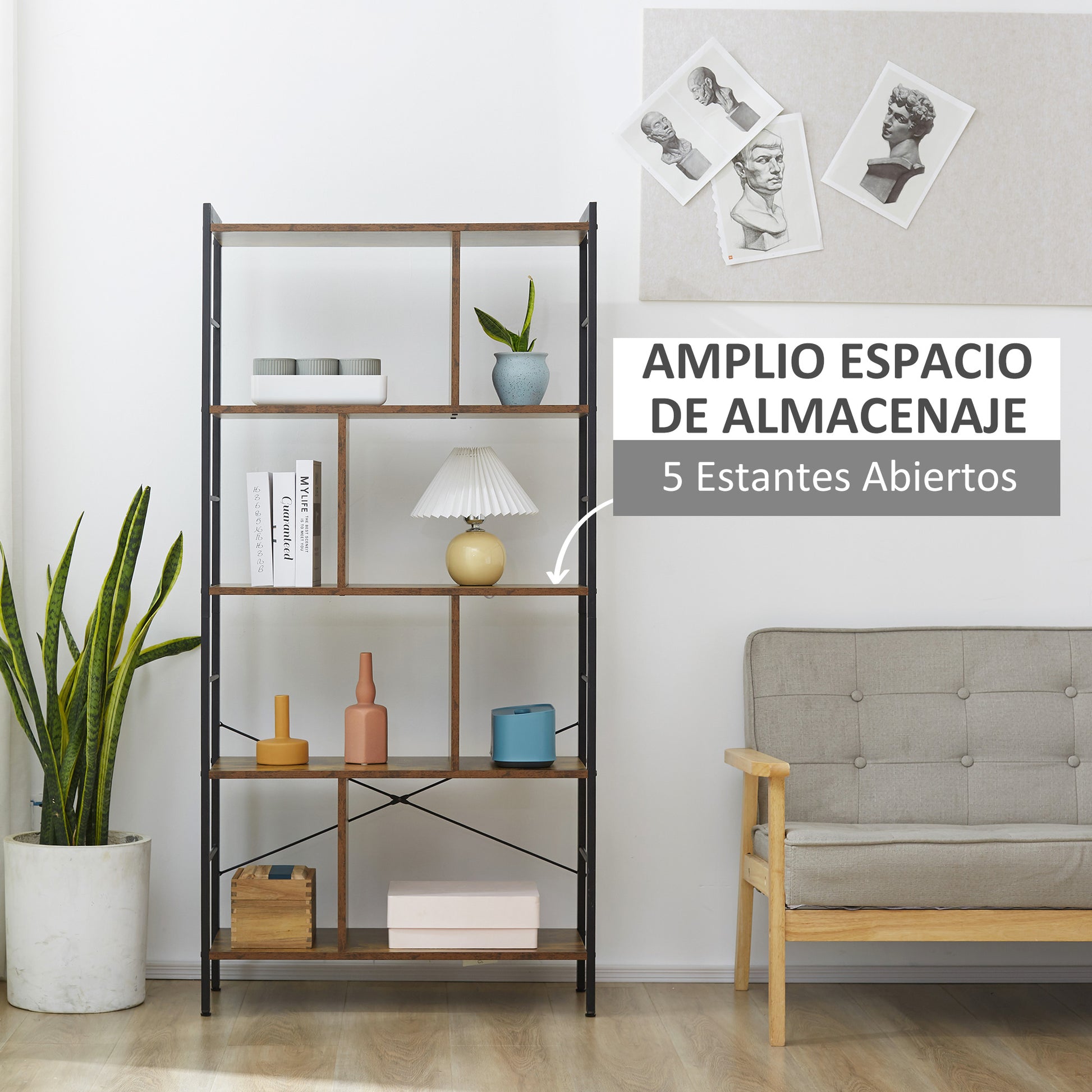 4-Level Bookshelf with 8 Storage Compartments Industrial Style for Living Room Office Bedroom 74x30x157.5 cm Rustic Brown