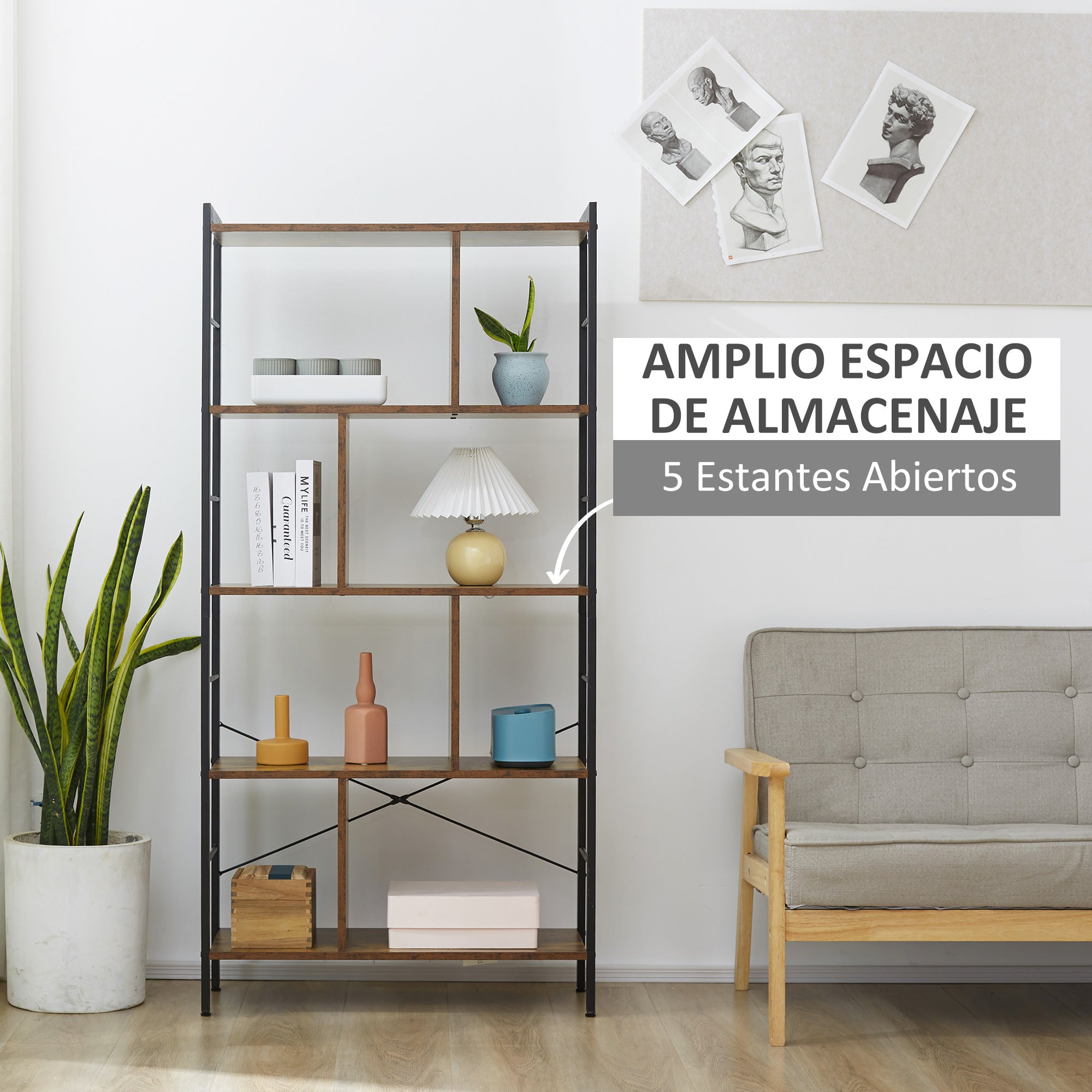 4-Level Bookshelf with 8 Storage Compartments Industrial Style for Living Room Office Bedroom 74x30x157.5 cm Rustic Brown