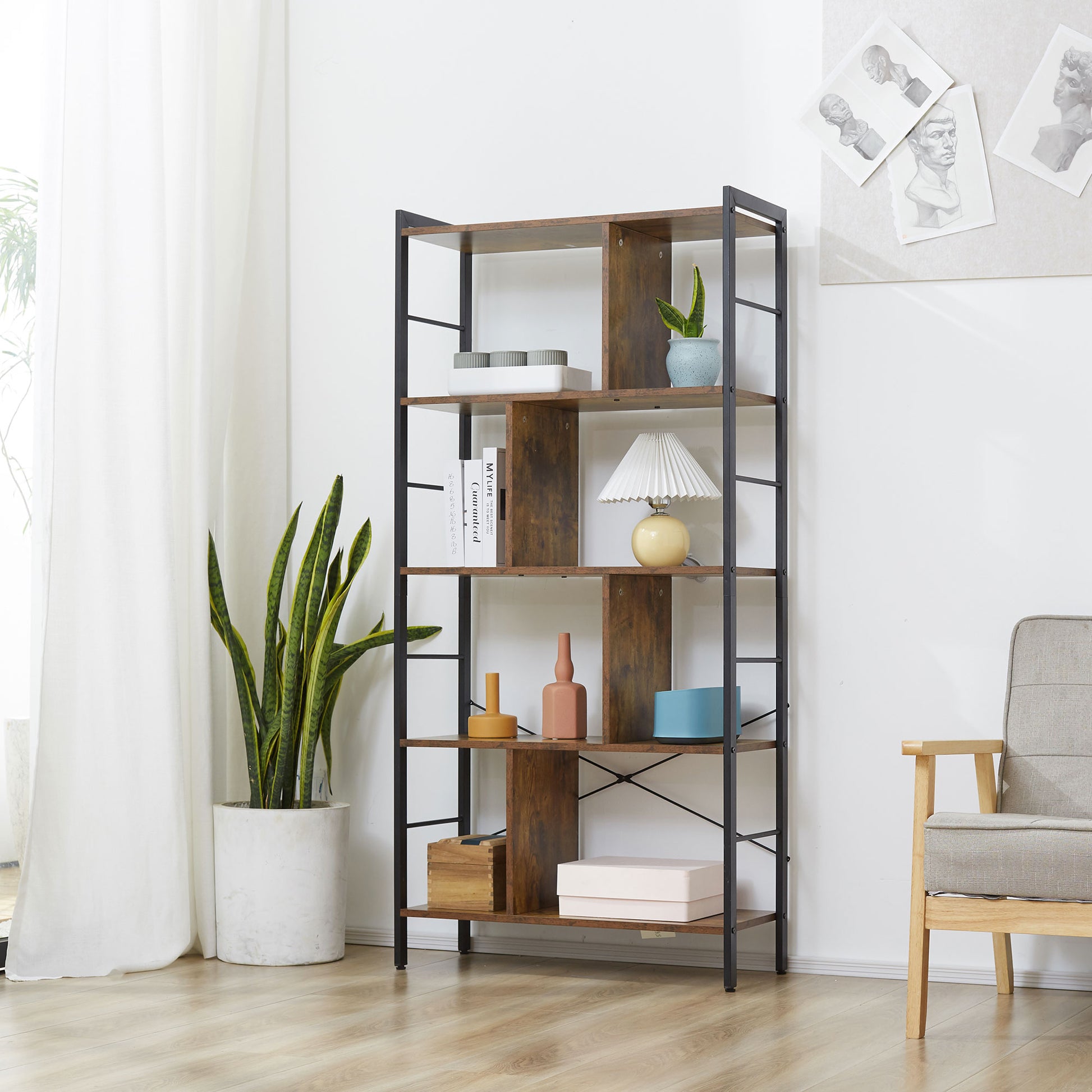 4-Level Bookshelf with 8 Storage Compartments Industrial Style for Living Room Office Bedroom 74x30x157.5 cm Rustic Brown