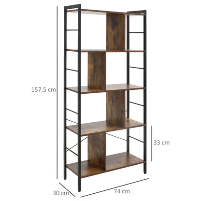 4-Level Bookshelf with 8 Storage Compartments Industrial Style for Living Room Office Bedroom 74x30x157.5 cm Rustic Brown