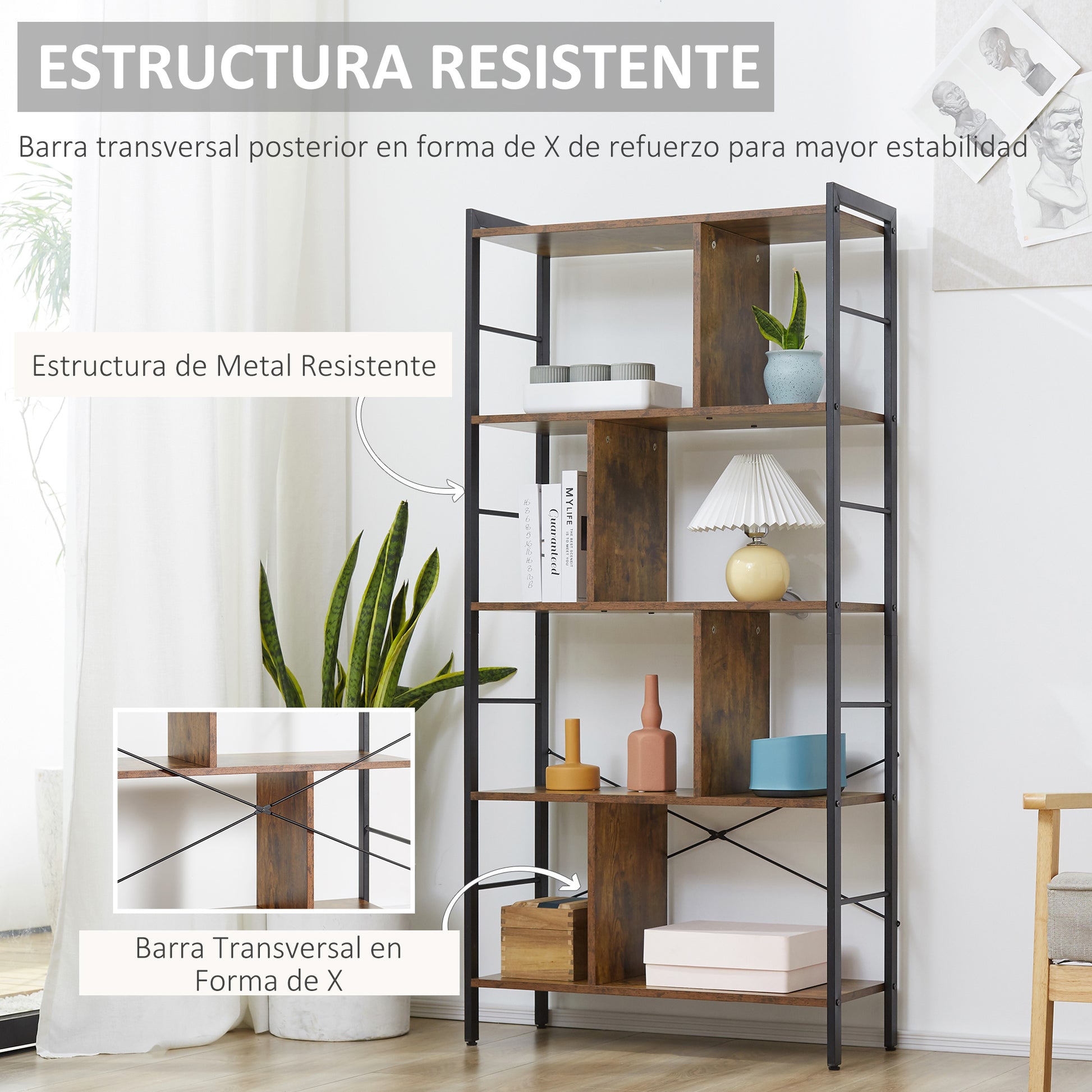 4-Level Bookshelf with 8 Storage Compartments Industrial Style for Living Room Office Bedroom 74x30x157.5 cm Rustic Brown