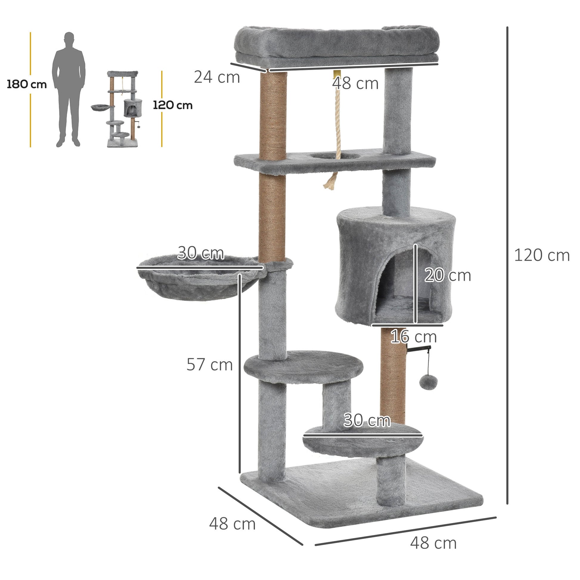 Cat Scratching Post 120 cm Cat Tree with Basket, Cat Cave, Play Ball, Indoor Climbing Tower with Bed, Jute Trunk, Scratching Furniture for Cats up to 5 kg, Light Gray