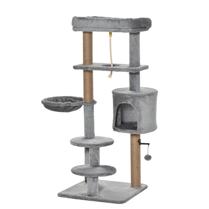 Cat Scratching Post 120 cm Cat Tree with Basket, Cat Cave, Play Ball, Indoor Climbing Tower with Bed, Jute Trunk, Scratching Furniture for Cats up to 5 kg, Light Gray