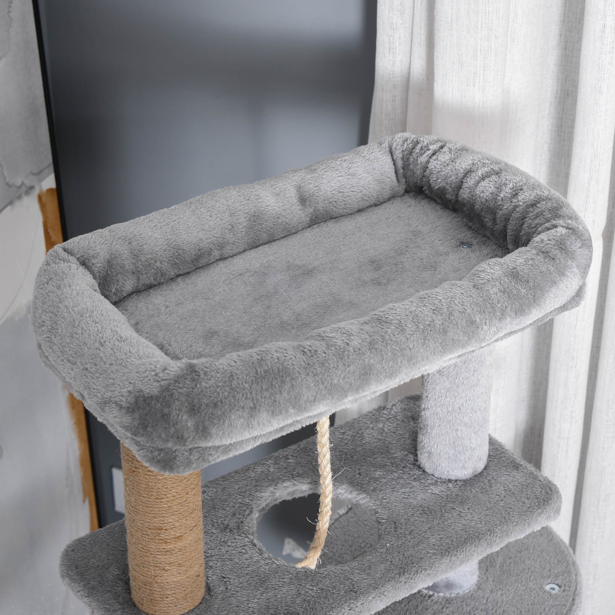 Cat Scratching Post 120 cm Cat Tree with Basket, Cat Cave, Play Ball, Indoor Climbing Tower with Bed, Jute Trunk, Scratching Furniture for Cats up to 5 kg, Light Gray