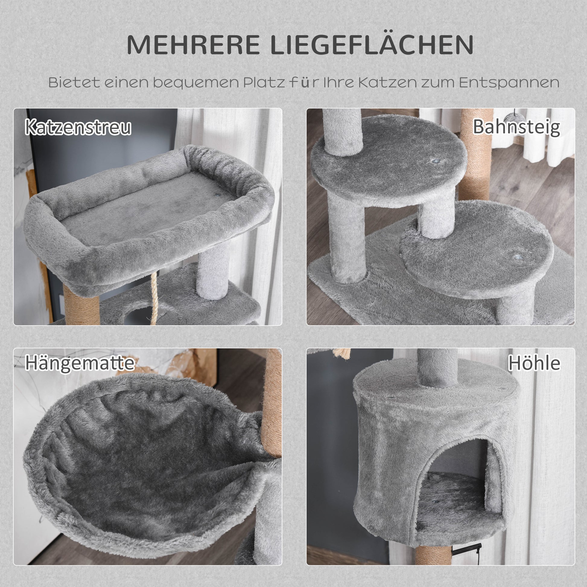 Cat Scratching Post 120 cm Cat Tree with Basket, Cat Cave, Play Ball, Indoor Climbing Tower with Bed, Jute Trunk, Scratching Furniture for Cats up to 5 kg, Light Gray