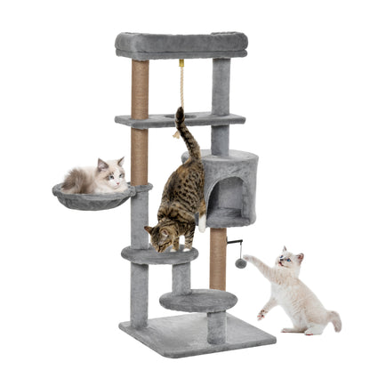 Cat Scratching Post 120 cm Cat Tree with Basket, Cat Cave, Play Ball, Indoor Climbing Tower with Bed, Jute Trunk, Scratching Furniture for Cats up to 5 kg, Light Gray