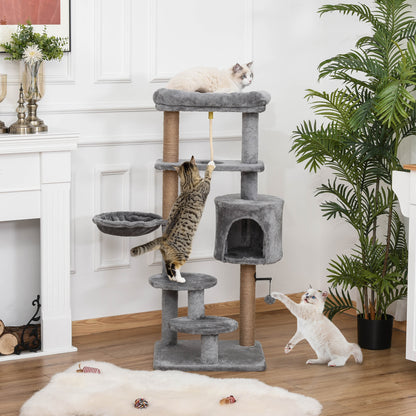 Cat Scratching Post 120 cm Cat Tree with Basket, Cat Cave, Play Ball, Indoor Climbing Tower with Bed, Jute Trunk, Scratching Furniture for Cats up to 5 kg, Light Gray