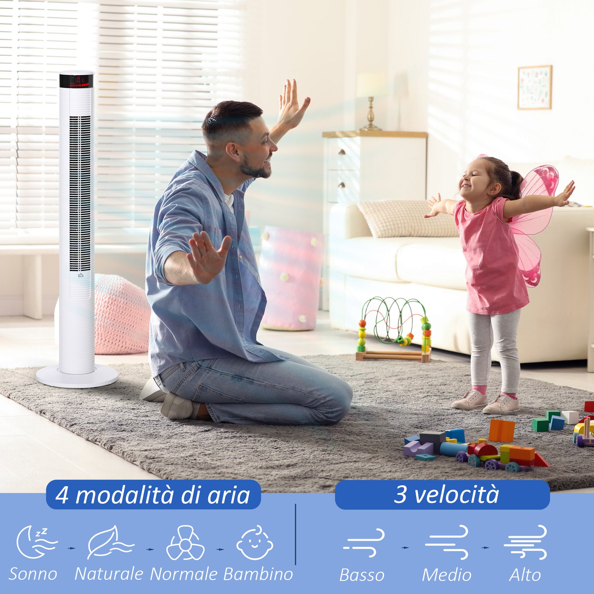 Tower Fan with 3 Speeds 4 Modes, 45W, 12h Timer, 70° Oscillating Tower Fan, LED Panel and Remote Control, White
