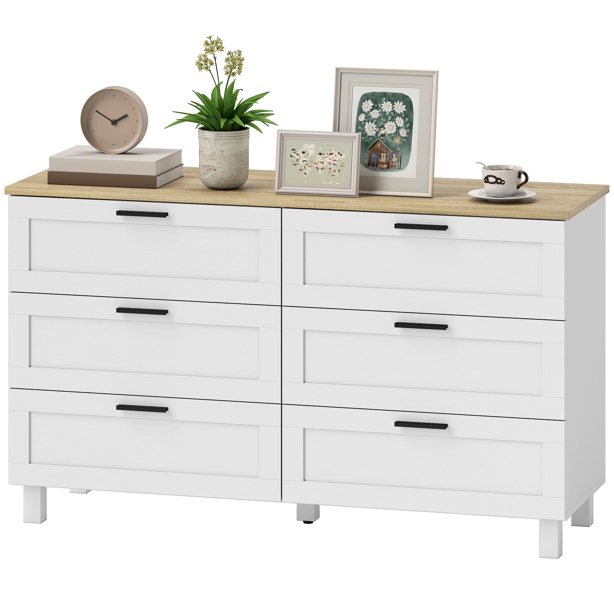6-Drawer Dresser, Storage Cabinet with Pine Legs, Modern Style, for Bedroom, Living Room, Hallway, 47.2 x 15.0 x 28.0 in, Natural Wood & White