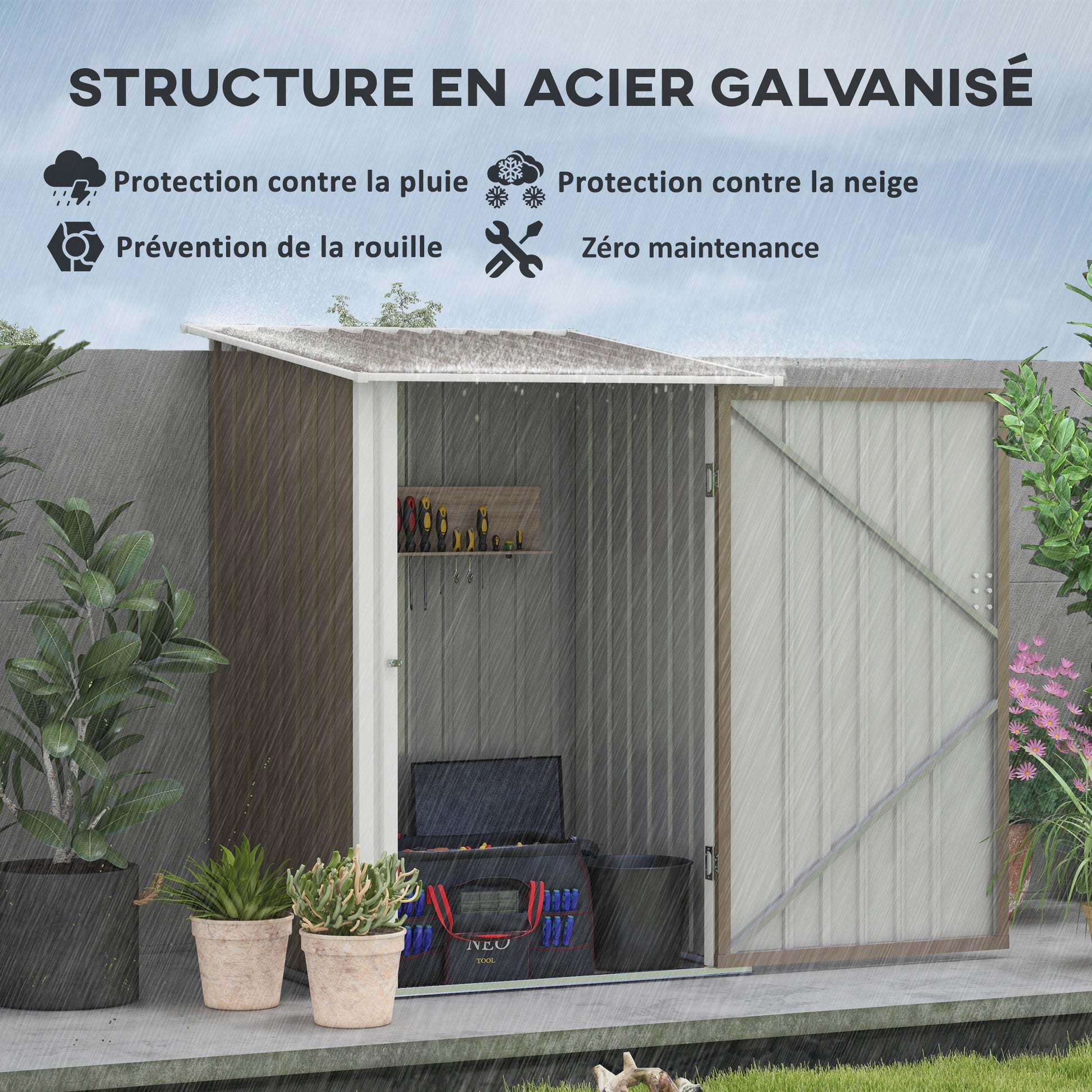 Garden Shed 1m² - Tool Storage - Lockable shed door - dim. 1L x 1.03W x 1.6H m - corrugated brown and white steel sheet