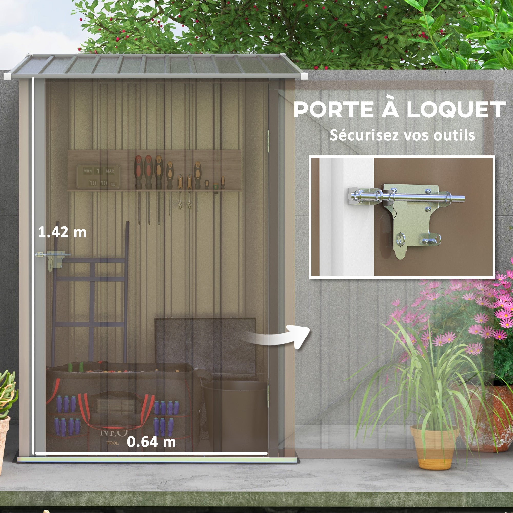 Garden Shed 1m² - Tool Storage - Lockable shed door - dim. 1L x 1.03W x 1.6H m - corrugated brown and white steel sheet