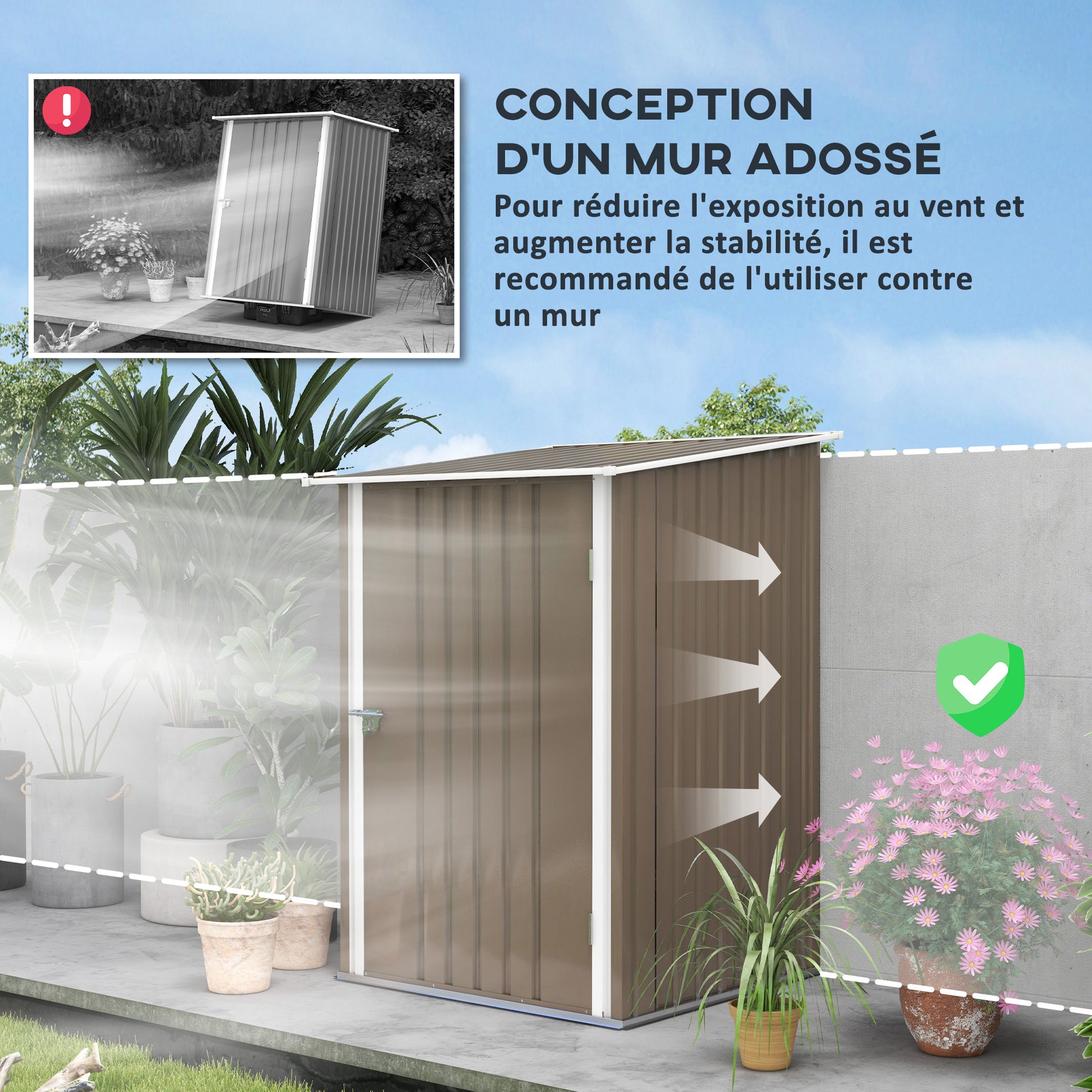 Garden Shed 1m² - Tool Storage - Lockable shed door - dim. 1L x 1.03W x 1.6H m - corrugated brown and white steel sheet