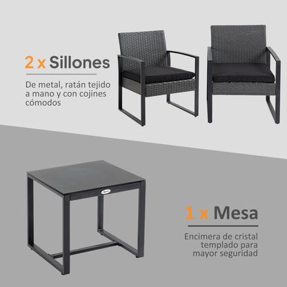 3-Piece Outdoor Garden Set Set of 2 Chairs and Rattan Table with Padded Cushions and Glass Countertop for Balcony Terrace Gray and Black