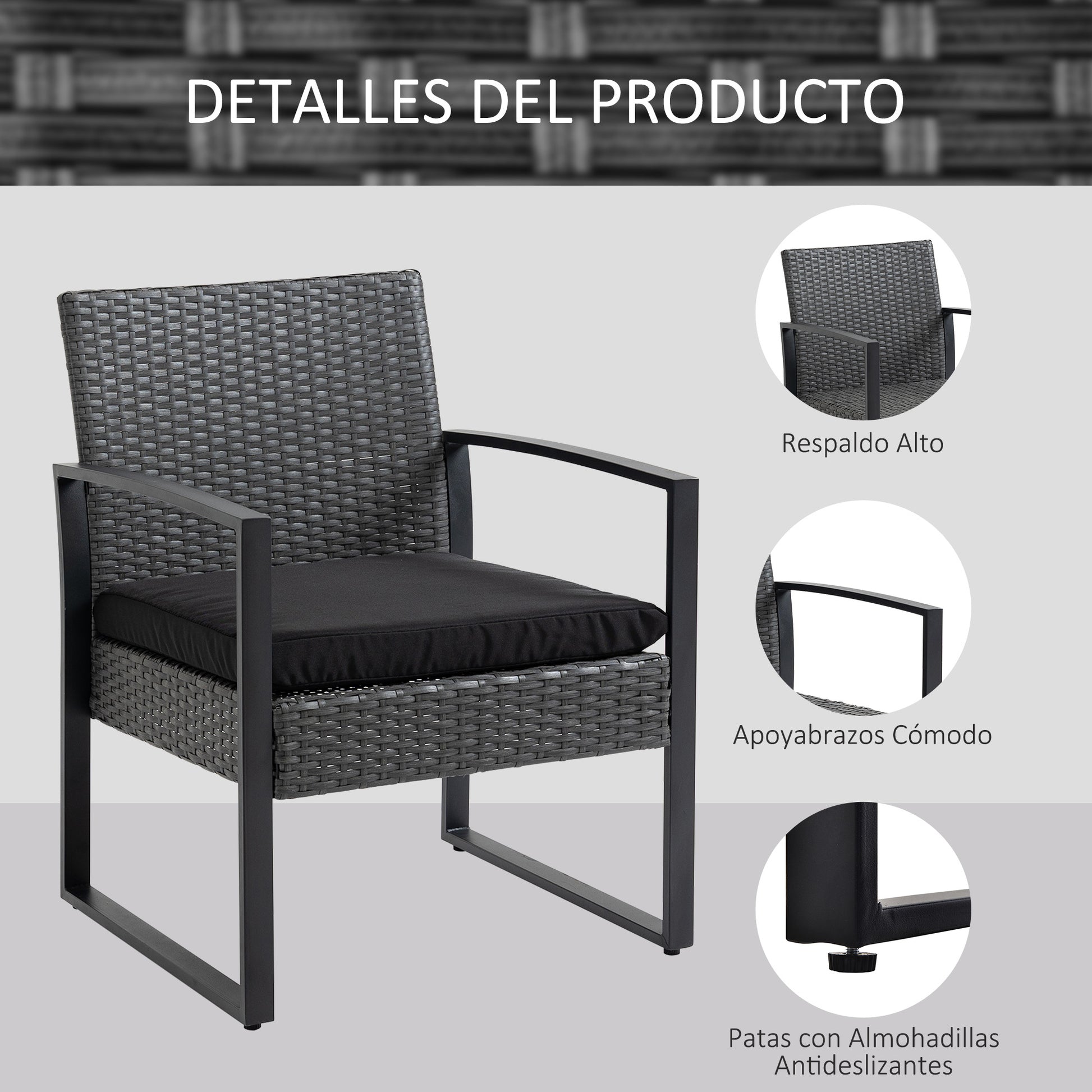3-Piece Outdoor Garden Set Set of 2 Chairs and Rattan Table with Padded Cushions and Glass Countertop for Balcony Terrace Gray and Black