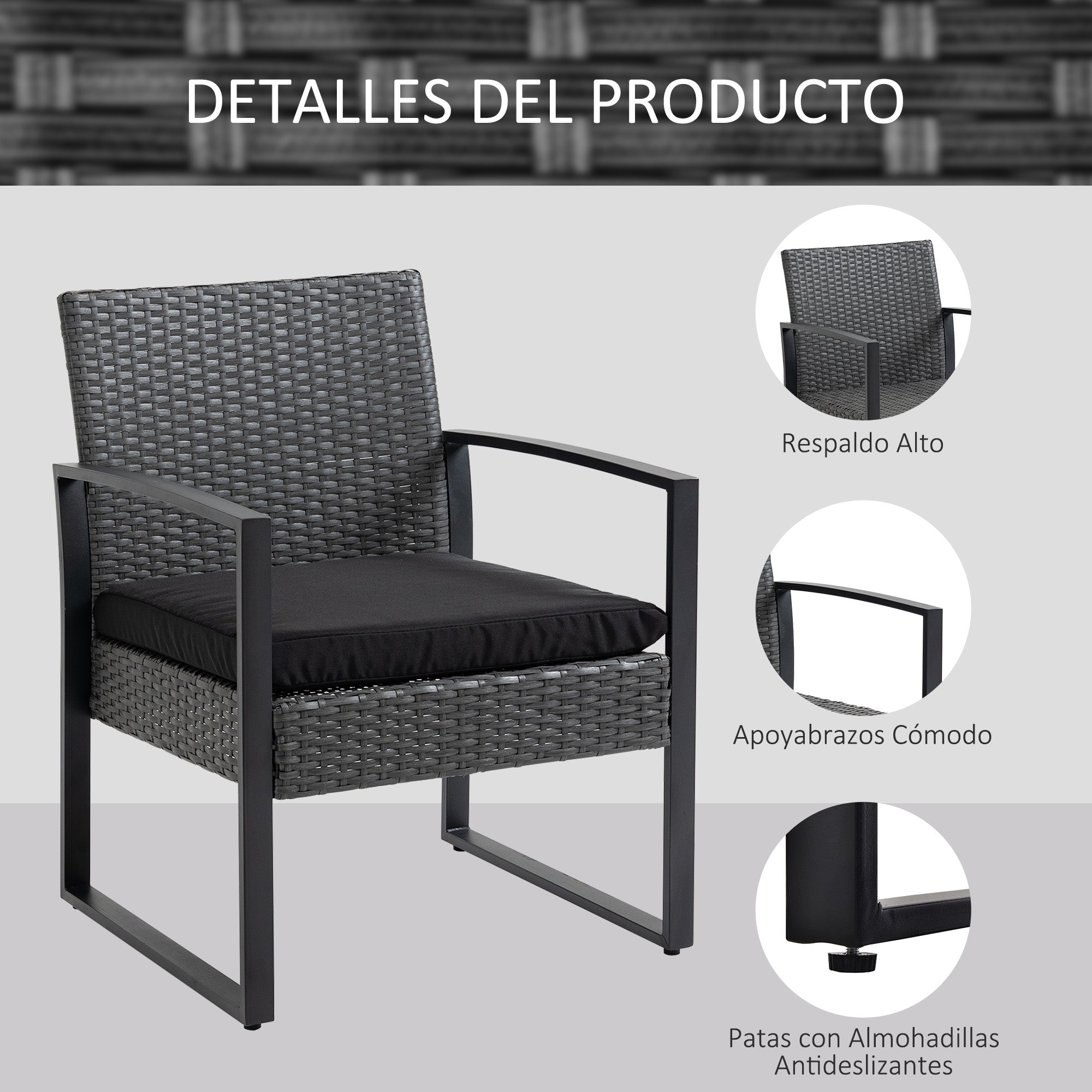 3-Piece Outdoor Garden Set Set of 2 Chairs and Rattan Table with Padded Cushions and Glass Countertop for Balcony Terrace Gray and Black