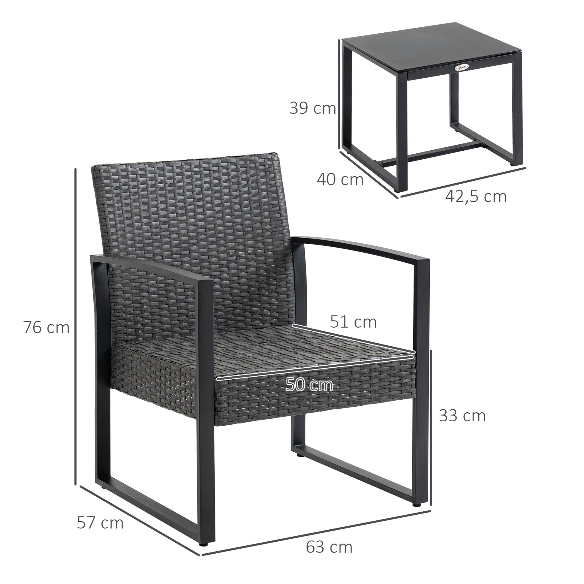 3-Piece Outdoor Garden Set Set of 2 Chairs and Rattan Table with Padded Cushions and Glass Countertop for Balcony Terrace Gray and Black