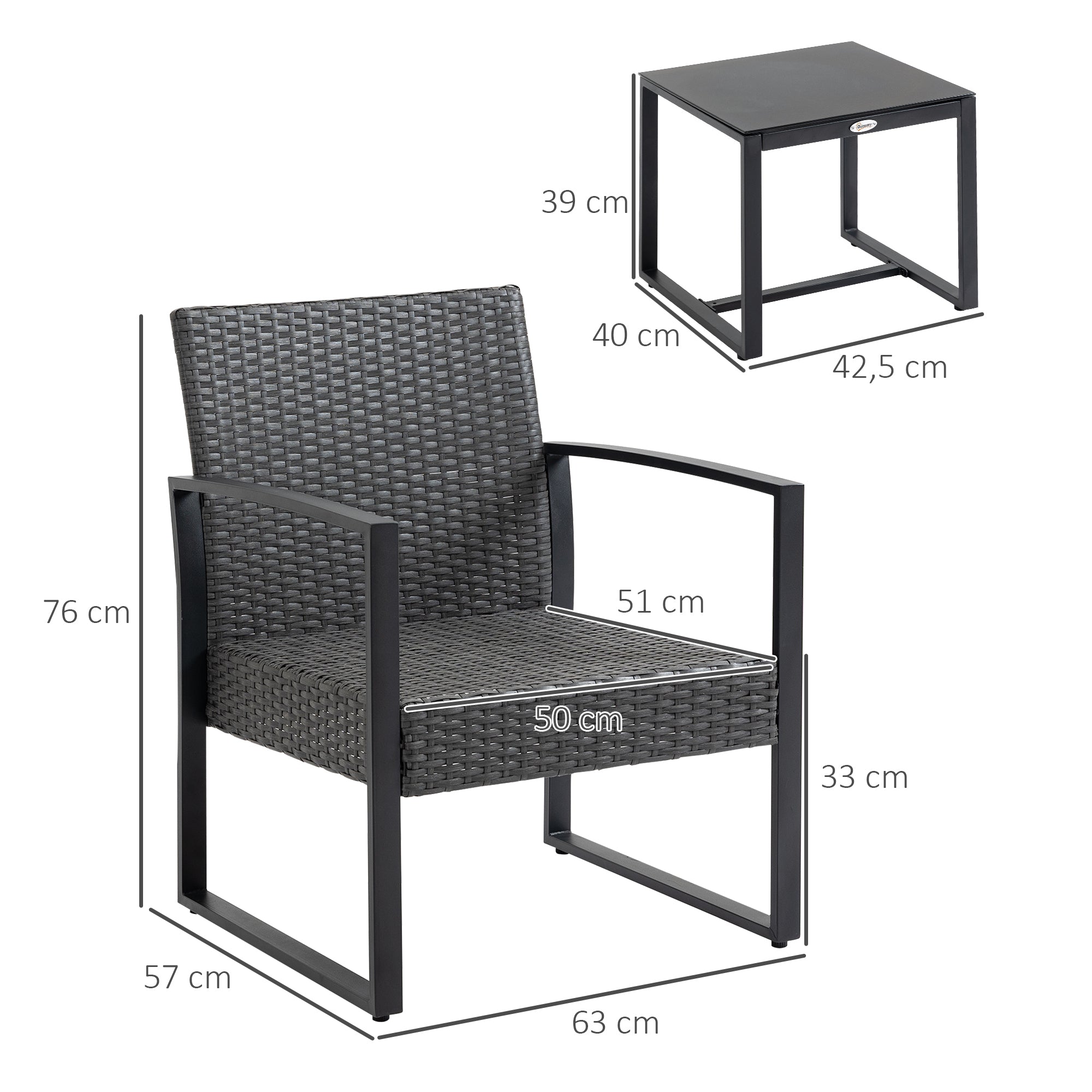 3-Piece Outdoor Garden Set Set of 2 Chairs and Rattan Table with Padded Cushions and Glass Countertop for Balcony Terrace Gray and Black