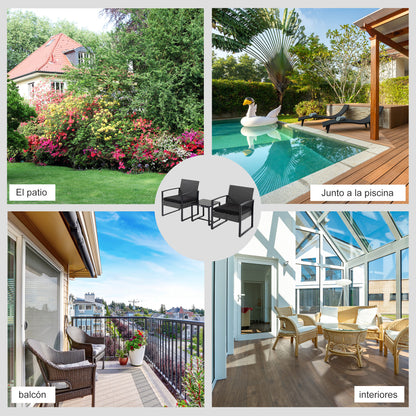 3-Piece Outdoor Garden Set Set of 2 Chairs and Rattan Table with Padded Cushions and Glass Countertop for Balcony Terrace Gray and Black