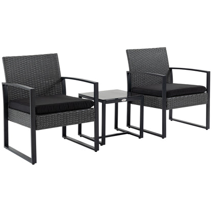 3-Piece Outdoor Garden Set Set of 2 Chairs and Rattan Table with Padded Cushions and Glass Countertop for Balcony Terrace Gray and Black
