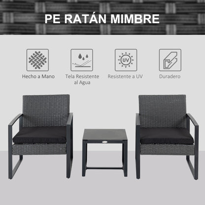 3-Piece Outdoor Garden Set Set of 2 Chairs and Rattan Table with Padded Cushions and Glass Countertop for Balcony Terrace Gray and Black