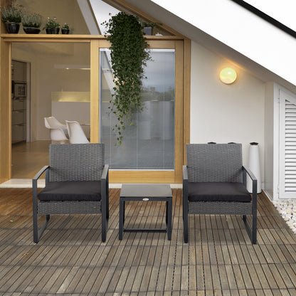 3-Piece Outdoor Garden Set Set of 2 Chairs and Rattan Table with Padded Cushions and Glass Countertop for Balcony Terrace Gray and Black