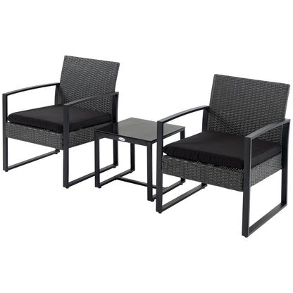 3-Piece Outdoor Garden Set Set of 2 Chairs and Rattan Table with Padded Cushions and Glass Countertop for Balcony Terrace Gray and Black