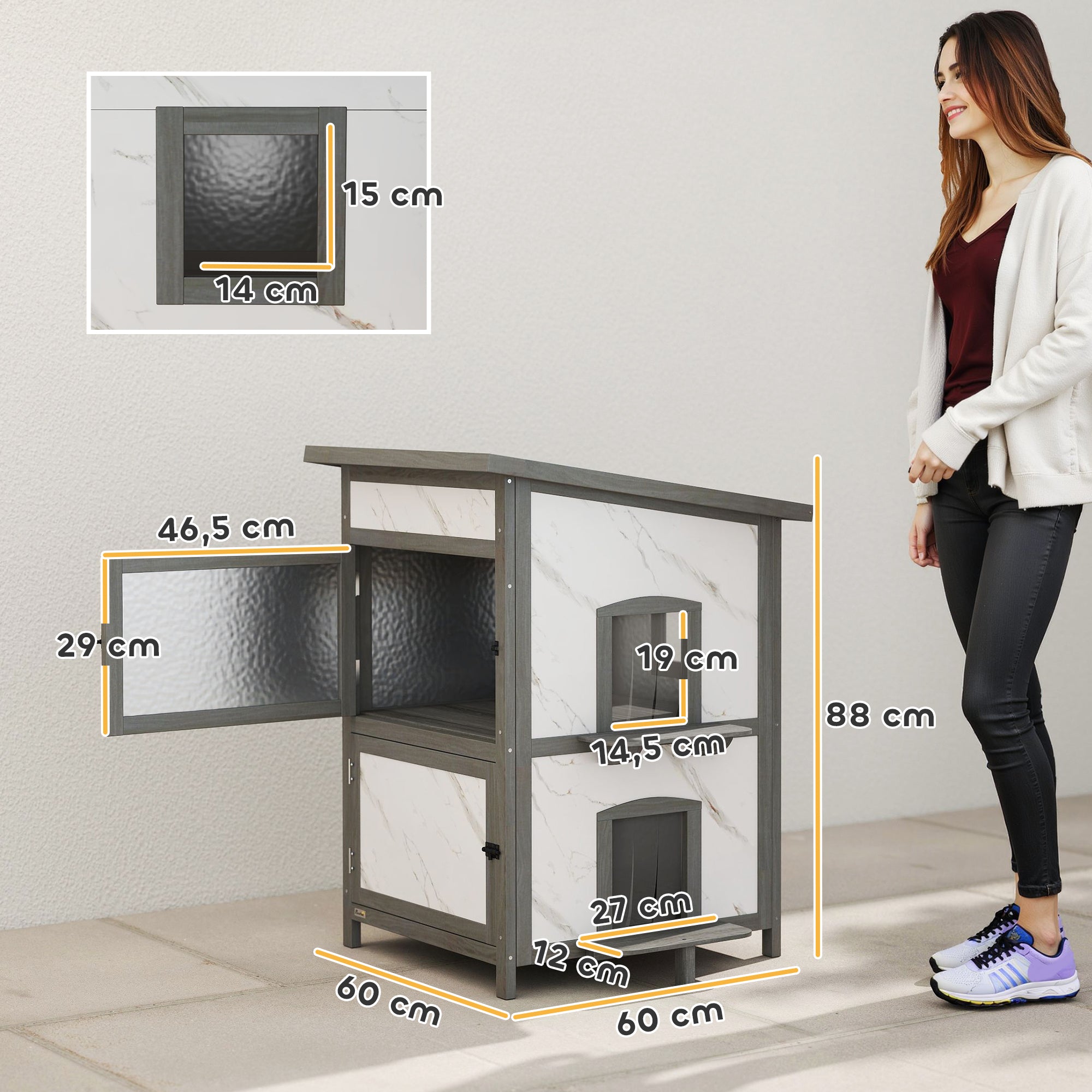 2-Story Insulated Outdoor Wooden Cat House with Window, Multiple Doors, Water-Resistant Roof, Cat Den Box for Outdoors — 24 x 24 x 34.6 in (60 x 60 x 88 cm), White