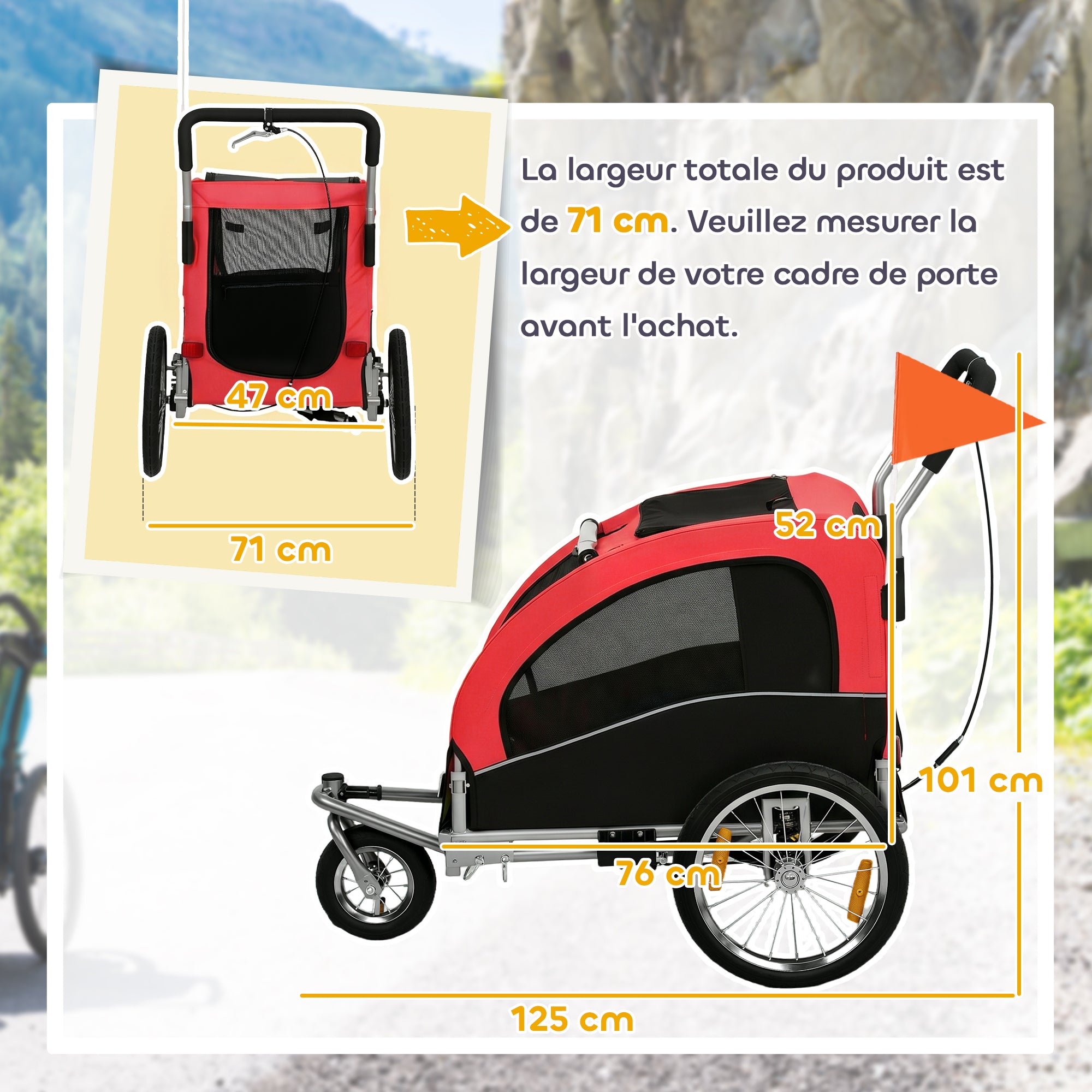 2-in-1 Dog Bike Trailer & Stroller for Medium Dogs with Suspension, Quick-Release Wheels, Reflectors, Large Mesh Windows, Hand Brake, Safety Flag — Red