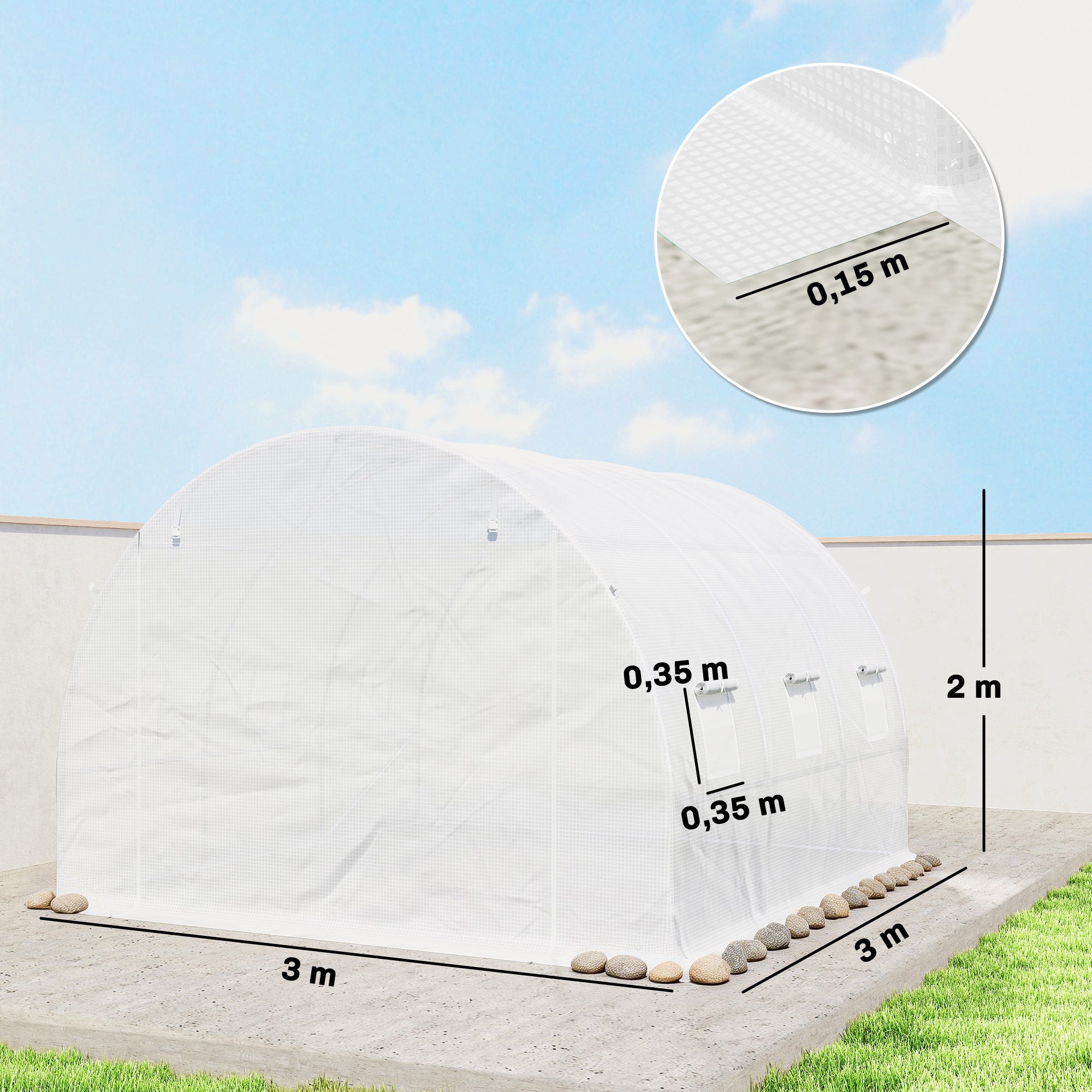 Replacement Tunnel Greenhouse Cover, 3 x 3 x 2 m (9.8 x 9.8 x 6.6 ft) — PE Waterproof, UV-Resistant, 6 Roll-Up Windows + Zip Roll Door, White