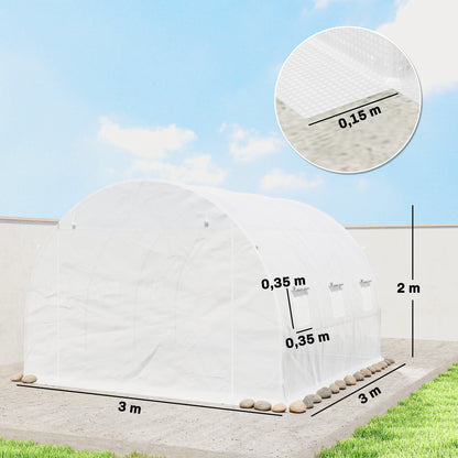 Replacement Tunnel Greenhouse Cover, 3 x 3 x 2 m (9.8 x 9.8 x 6.6 ft) — PE Waterproof, UV-Resistant, 6 Roll-Up Windows + Zip Roll Door, White