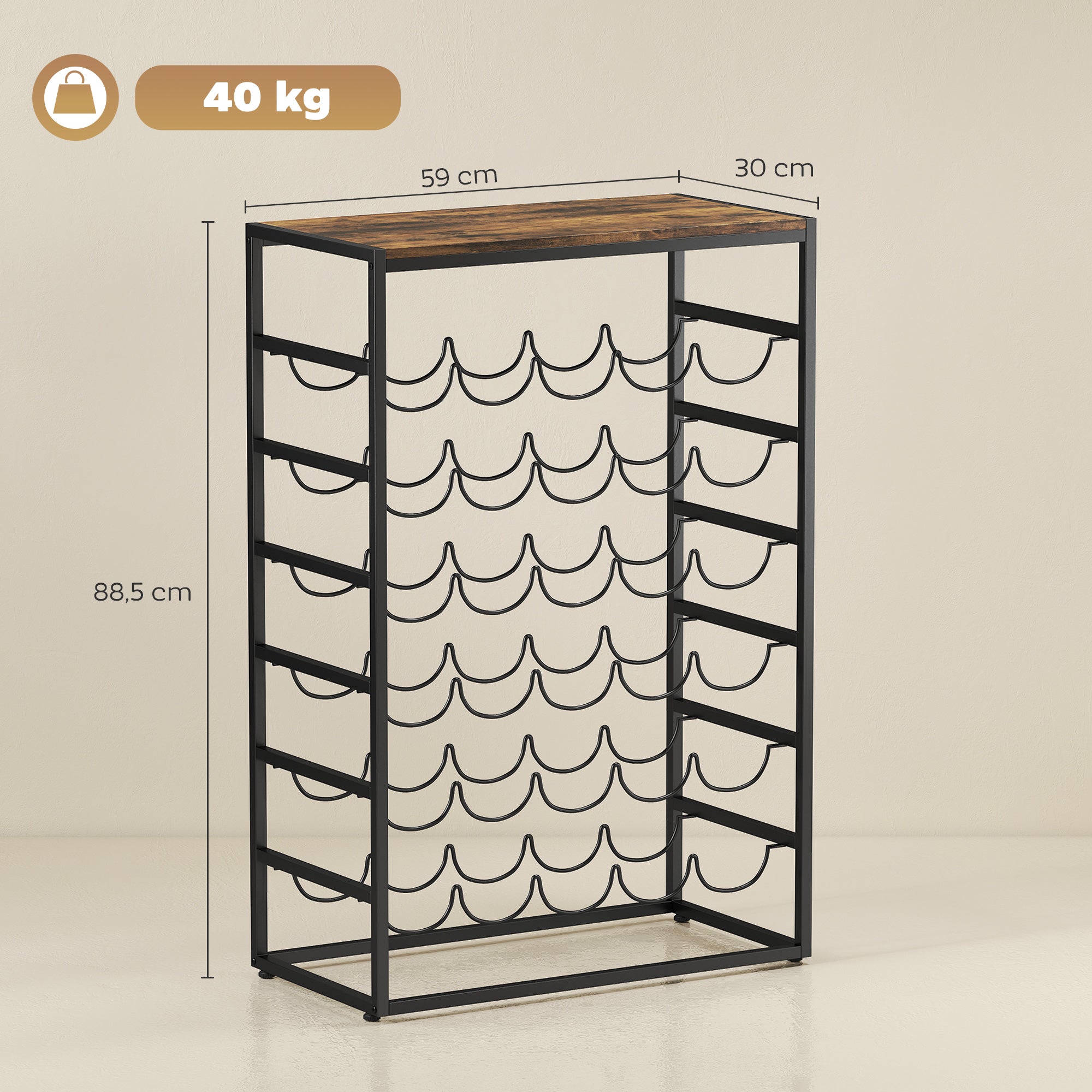 30-Bottle Wine Rack, 6-Tier Wood-Effect Top, Industrial Metal Shelf for Cellar, Bar, Basement — 23.2 x 11.8 x 34.8 in (59 x 30 x 88.5 cm), Rustic Brown
