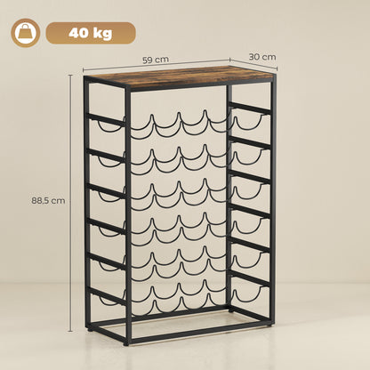 30-Bottle Wine Rack, 6-Tier Wood-Effect Top, Industrial Metal Shelf for Cellar, Bar, Basement — 23.2 x 11.8 x 34.8 in (59 x 30 x 88.5 cm), Rustic Brown