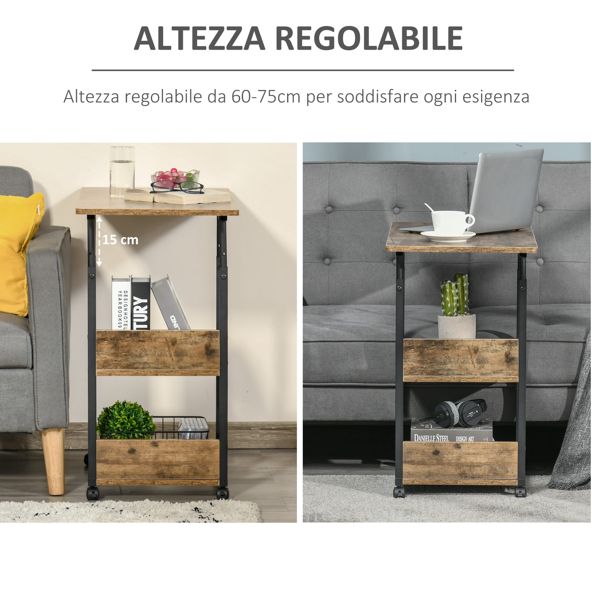 Industrial Style C-Shaped Living Room Table, Adjustable Height Design Nightstand, 3 Shelves and 4 Wheels with Brake, Rustic Brown