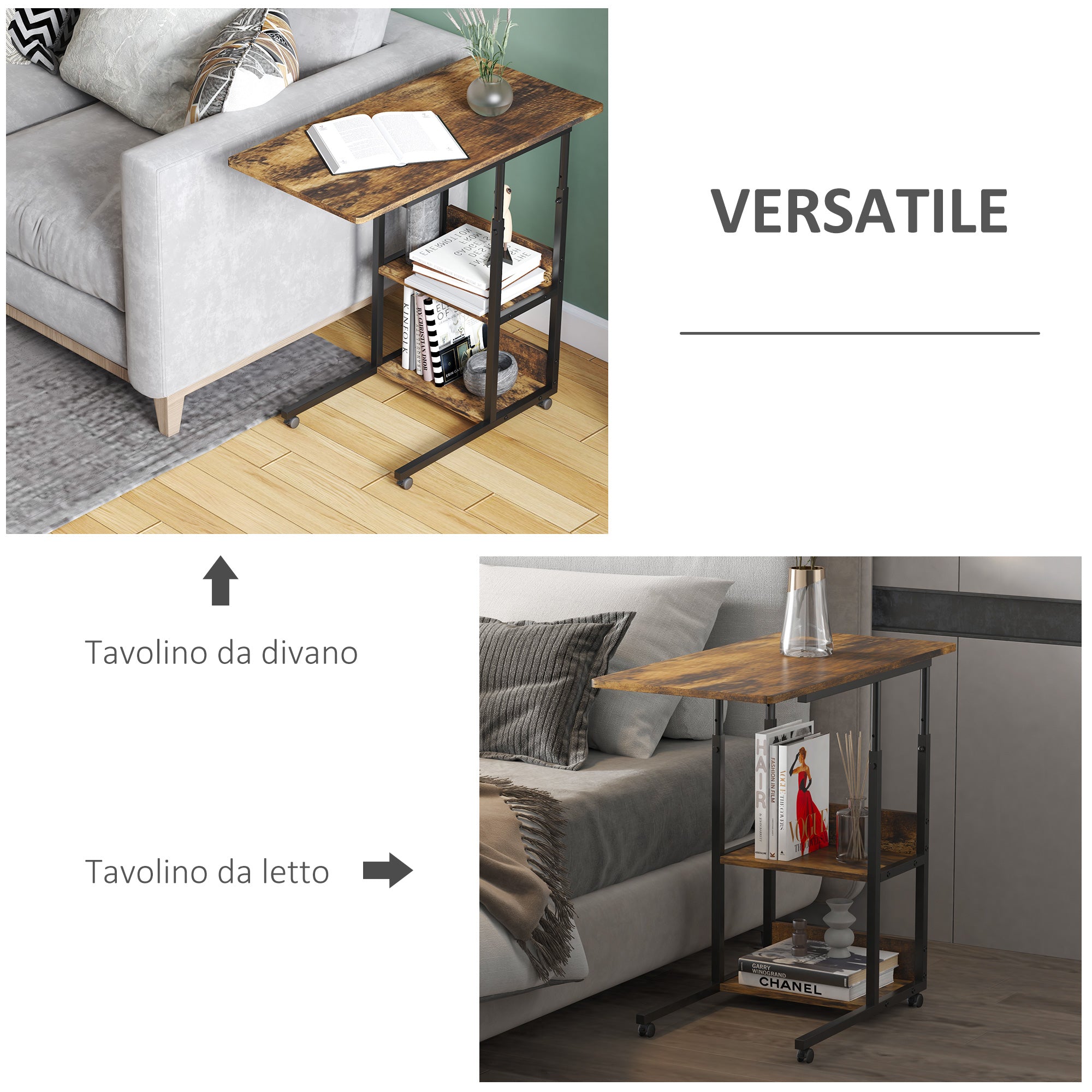 Industrial Style C-Shaped Living Room Table, Adjustable Height Design Nightstand, 3 Shelves and 4 Wheels with Brake, Rustic Brown
