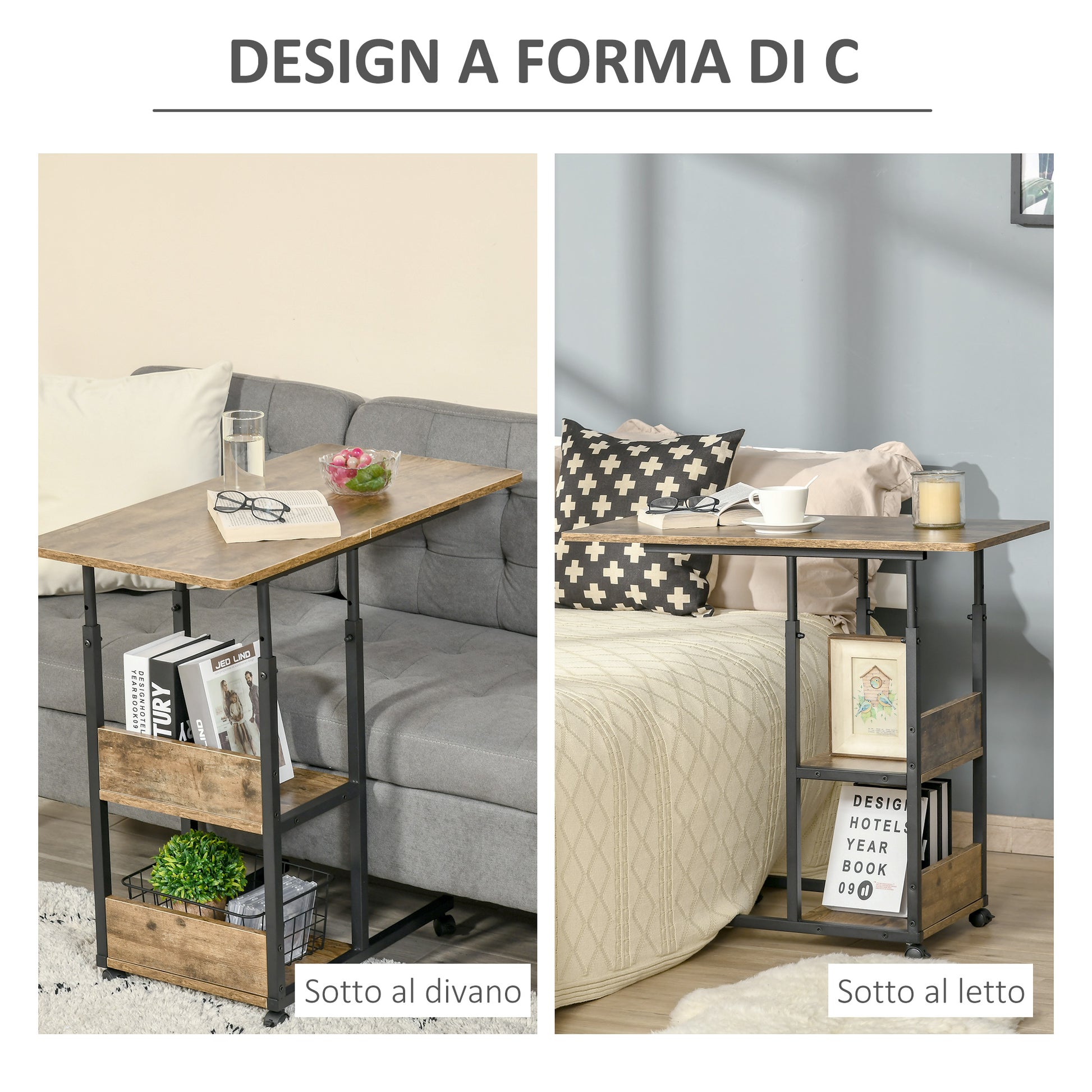 Industrial Style C-Shaped Living Room Table, Adjustable Height Design Nightstand, 3 Shelves and 4 Wheels with Brake, Rustic Brown