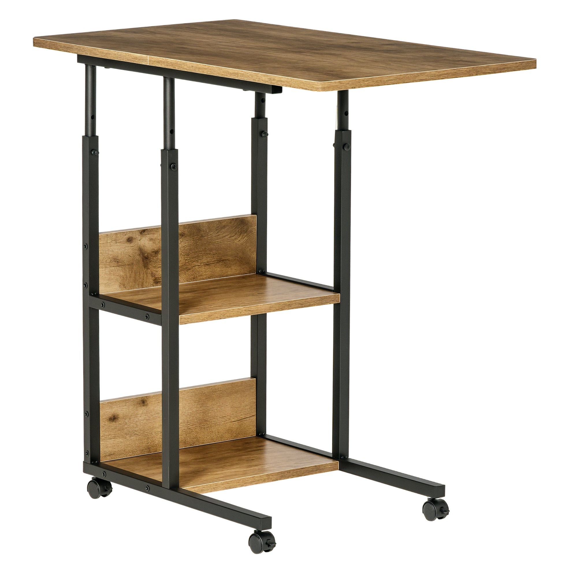 Industrial Style C-Shaped Living Room Table, Adjustable Height Design Nightstand, 3 Shelves and 4 Wheels with Brake, Rustic Brown