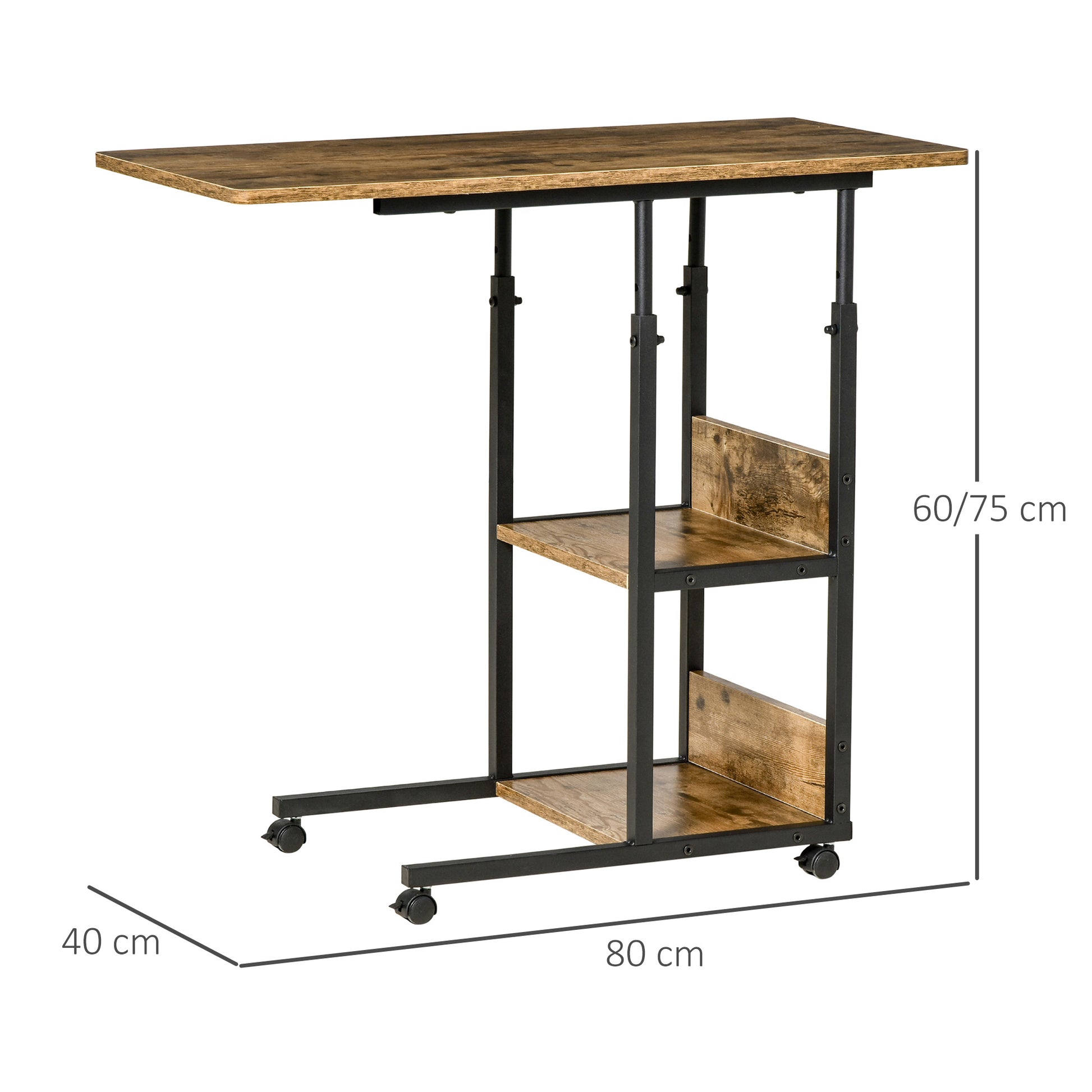 Industrial Style C-Shaped Living Room Table, Adjustable Height Design Nightstand, 3 Shelves and 4 Wheels with Brake, Rustic Brown