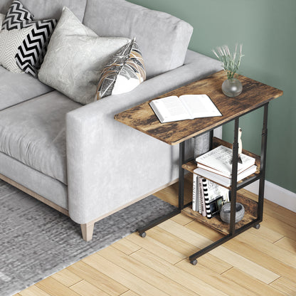 Industrial Style C-Shaped Living Room Table, Adjustable Height Design Nightstand, 3 Shelves and 4 Wheels with Brake, Rustic Brown