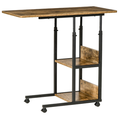 Industrial Style C-Shaped Living Room Table, Adjustable Height Design Nightstand, 3 Shelves and 4 Wheels with Brake, Rustic Brown